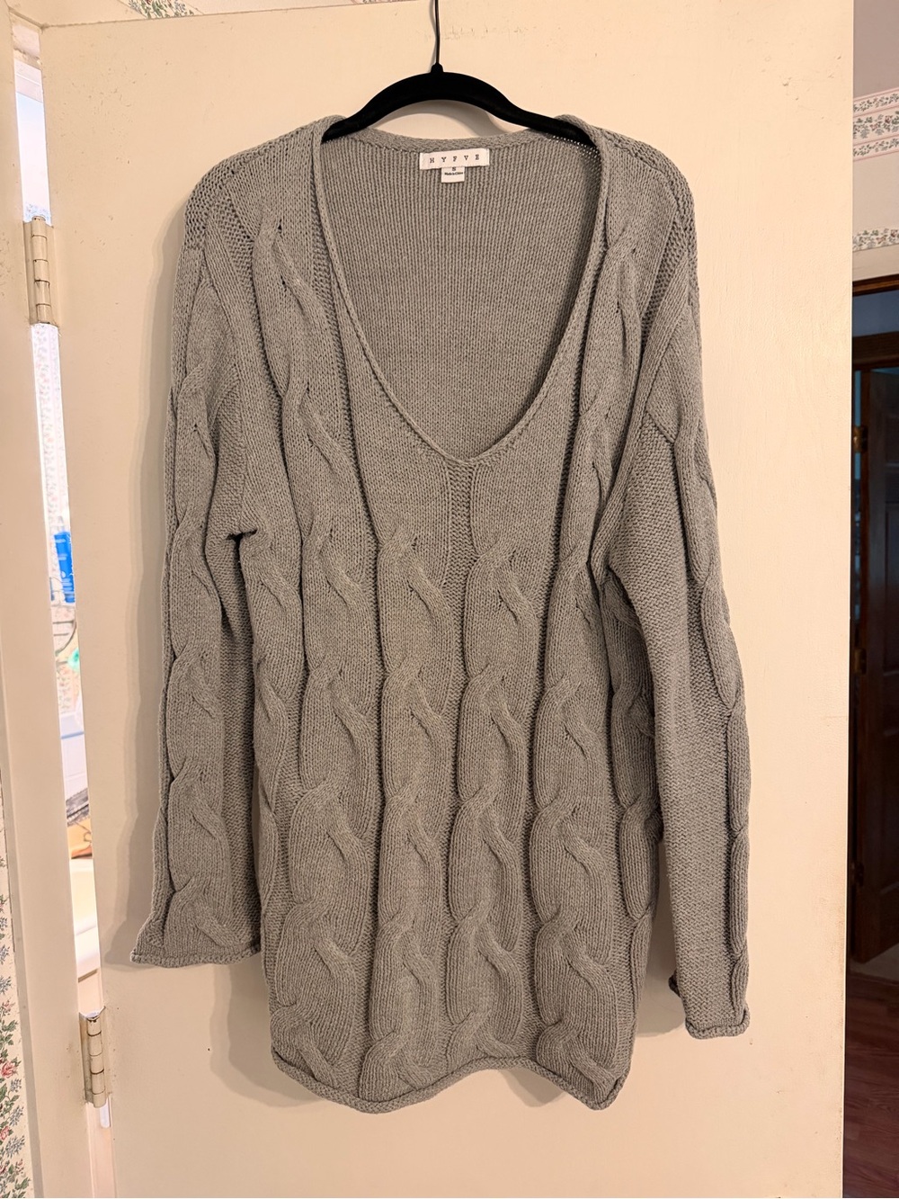 HYFVE Light Gray Cable Knit V-Neck Sweater